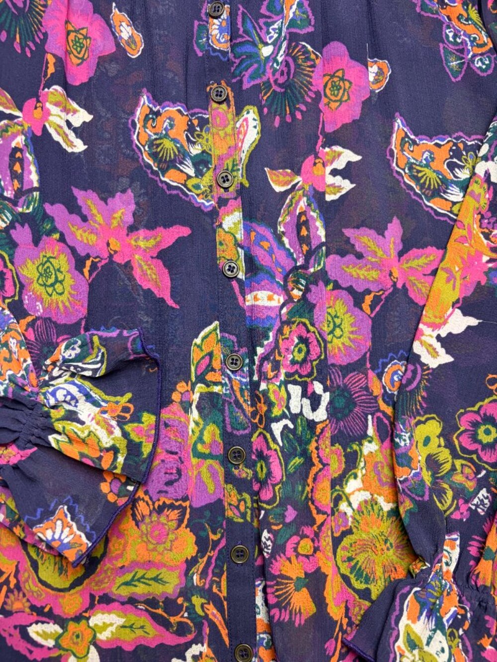 Free People Size Xs Ibiza Nights Mini Dress Ruffled Floral Print Button Purple - Picture 3 of 10
